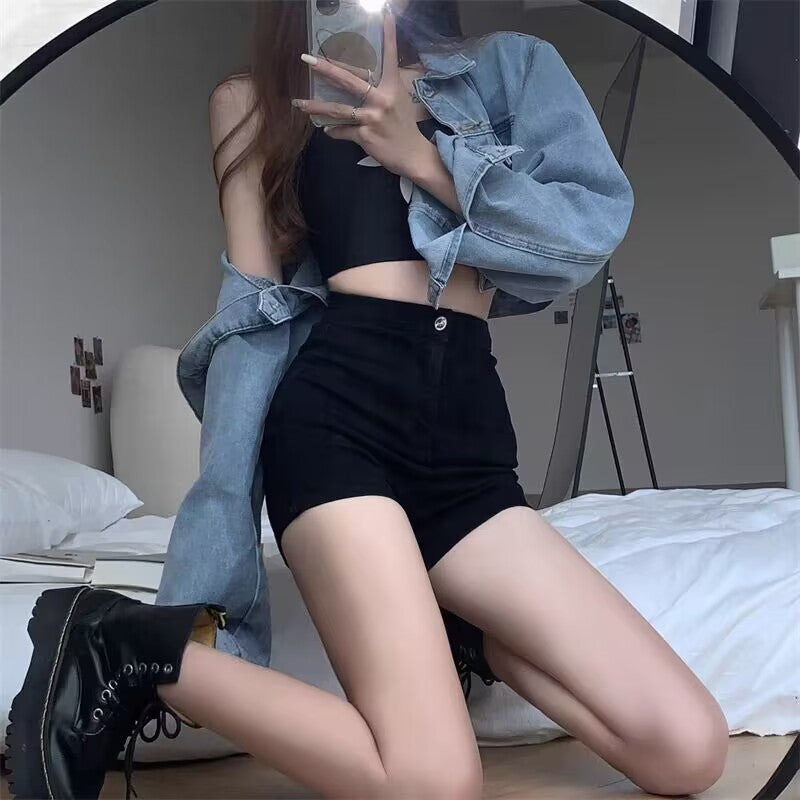 Hong Kong Style High Waist Black Denim Hot Pants