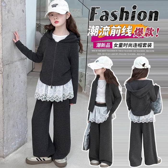 Girls Lace Wide Leg Pants Hoodie Set Spring Autumn – Baby & Children's Outfits – Image 6