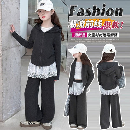 Girls Lace Wide Leg Pants Hoodie Set Spring Autumn – Baby & Children's Outfits – Image 6
