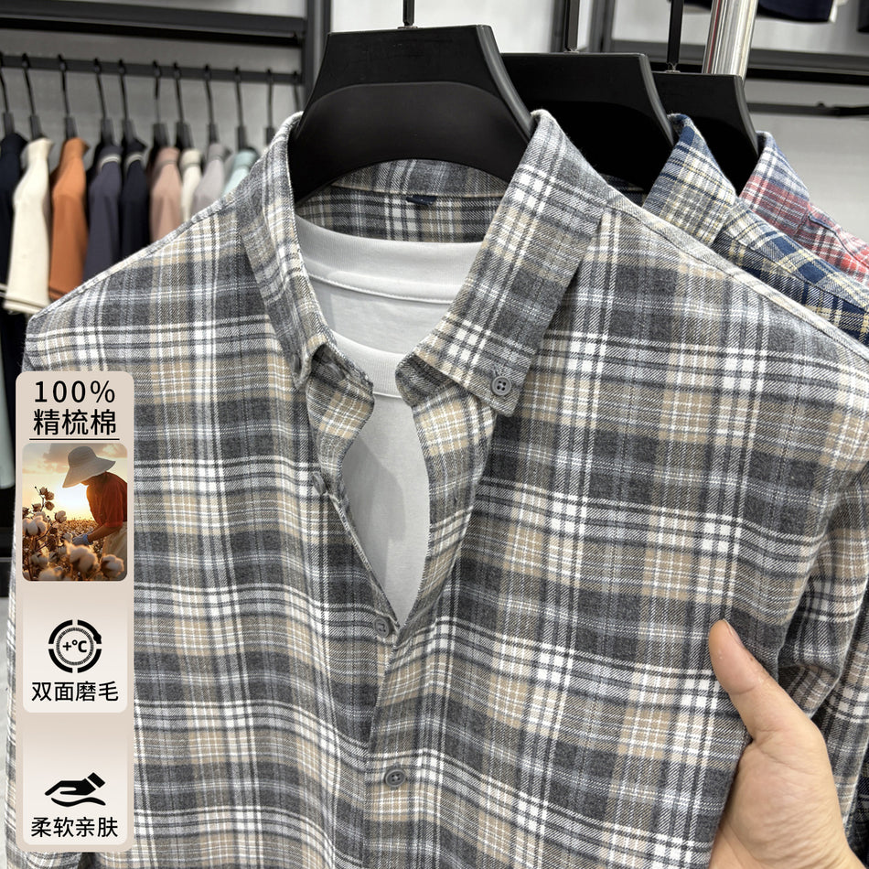 STOCK-Men’s Autumn Winter Blue Plaid Cotton Shirt