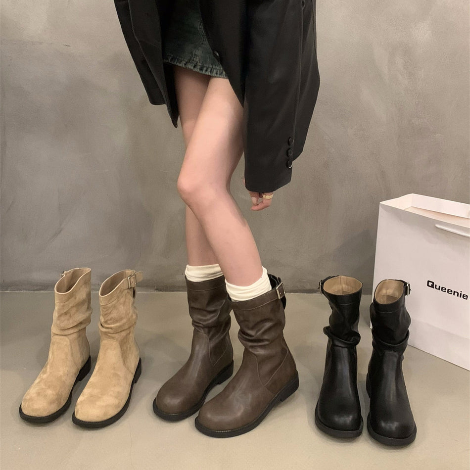 INSTOCK-Women’s Knight Boots Chunky Heel Mid-Calf Retro Style