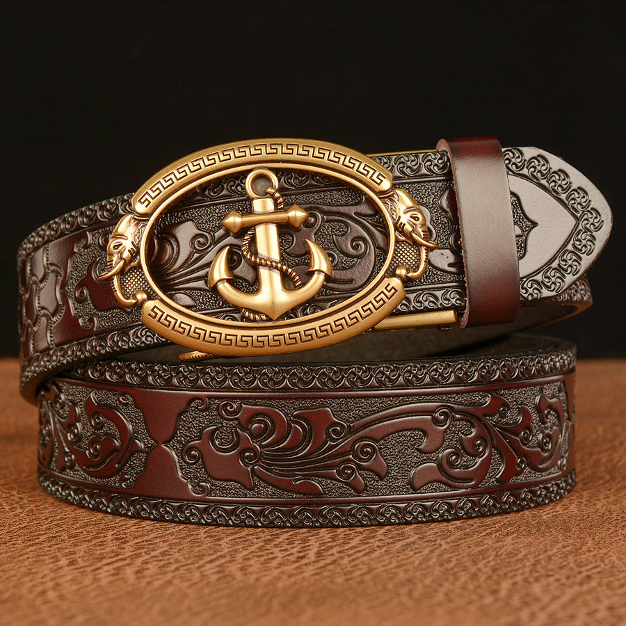 Men’s Cowhide Belt ⚓ Anchor Buckle Tang Grass Pattern