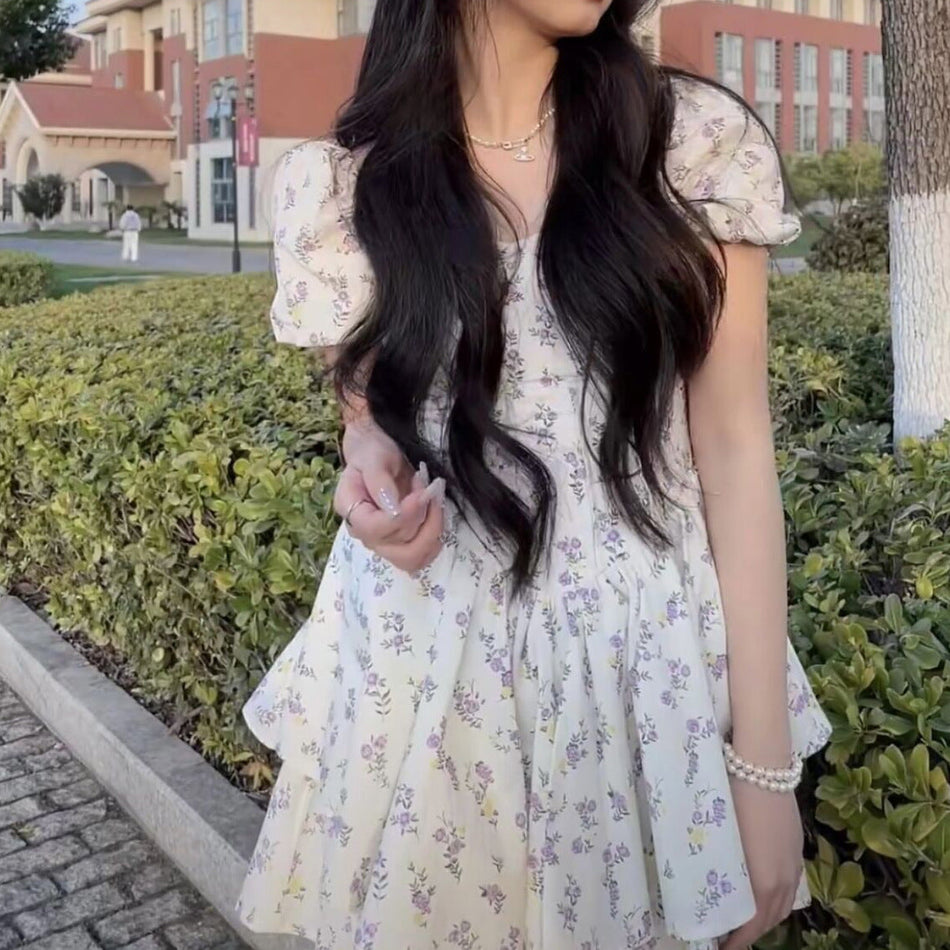 French Floral Grape Purple Off-Shoulder Short Dress