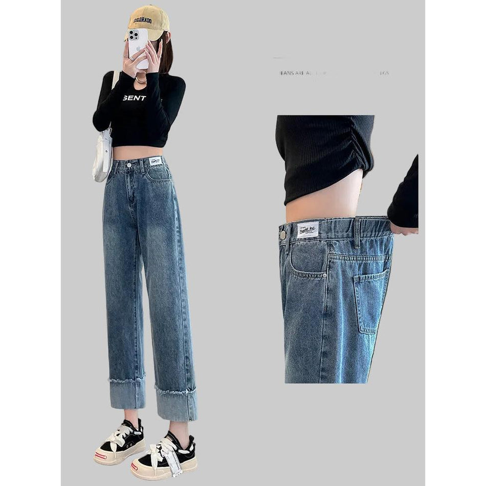 Elastic Waist Straight-Leg Cropped Jeans Women