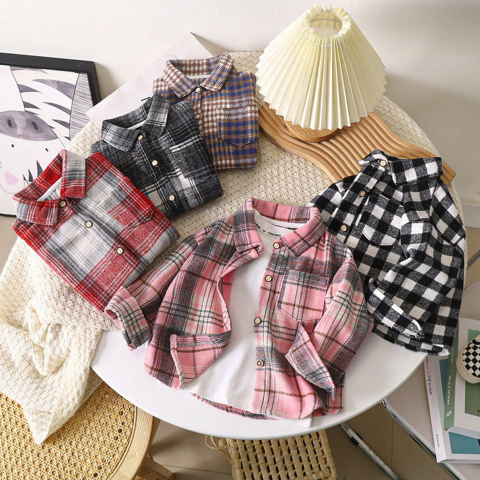 Kids Retro Plaid Color Block Lapel Shirt Jacket