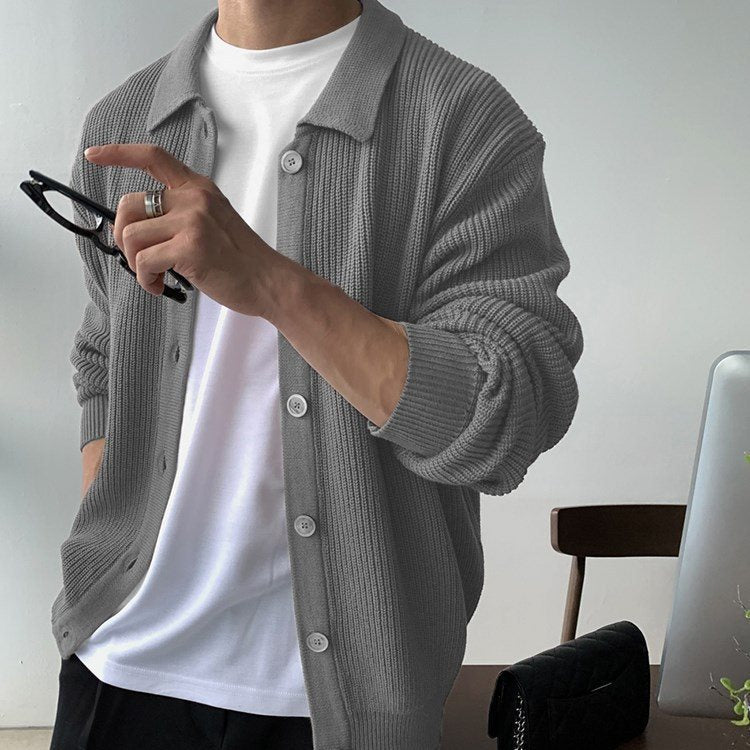 STOCK-Men’s Dark Green Korean-Style Lapel Cardigan Sweater