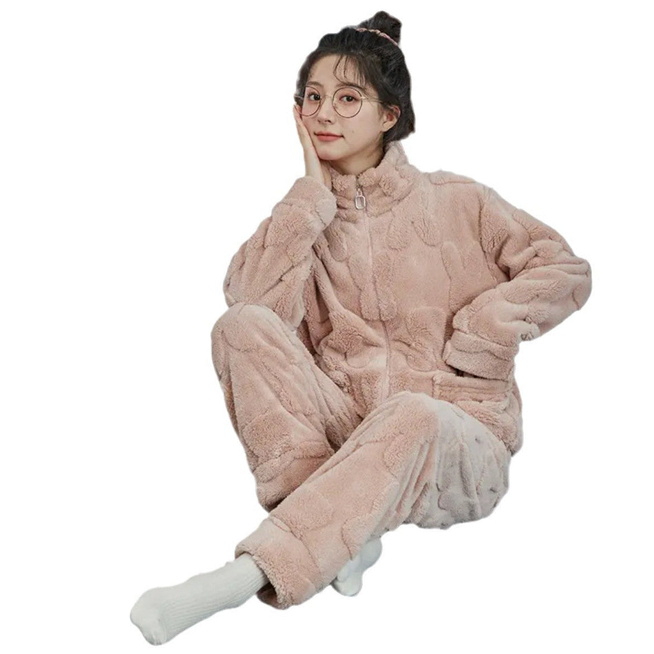 Women’s and Men’s Flannel Pajamas Autumn Winter Hooded Zipper Set