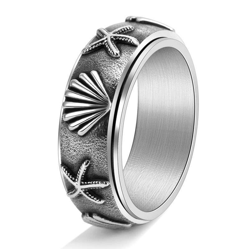 Marine Starfish Shell Rotatable Titanium Steel Ring for Men