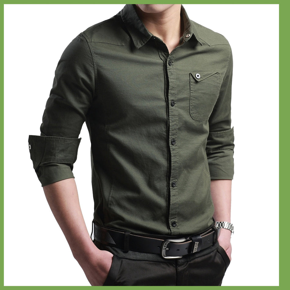 INSTOCK-Men’s Cotton Denim Shirt – Army Green Casual Fashion