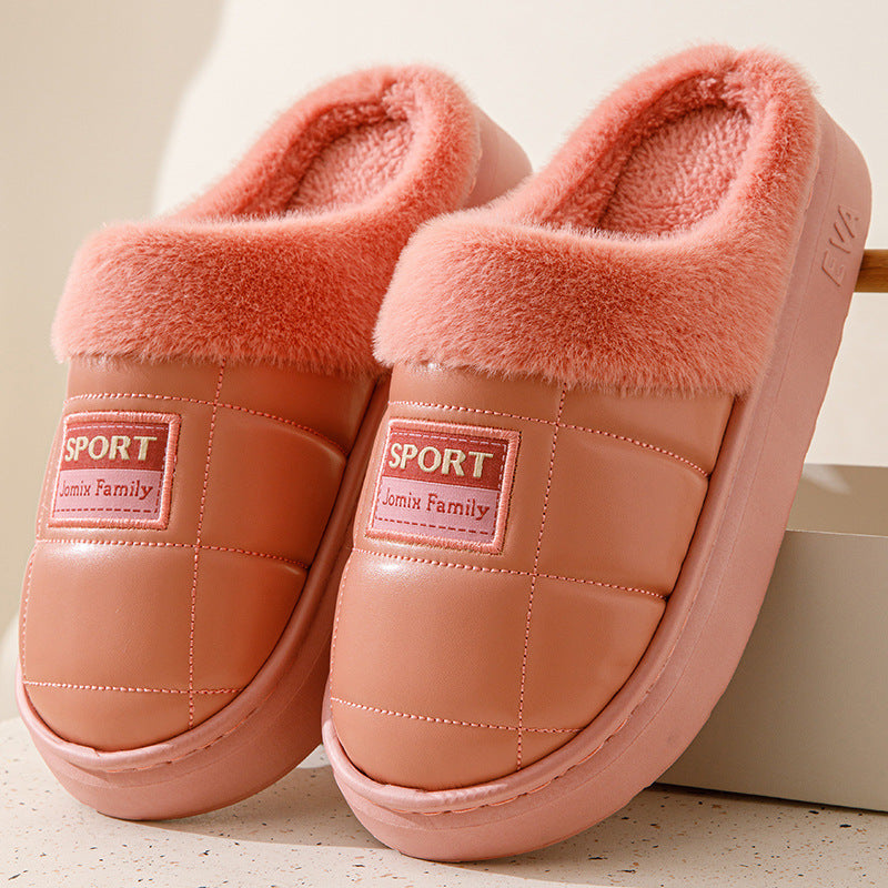 Men’s & Couple PU Leather Cotton Slippers – Thick Non-Slip Warm