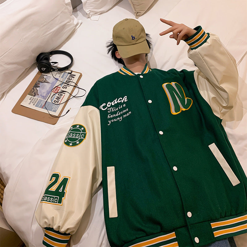 STOCK-2024 Men’s Baseball Jacket – Trendy Contrast Stitching