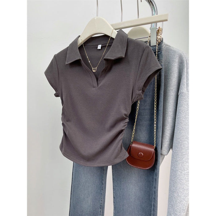 Summer Cotton Slim Polo Tee Irregular Pleated Design