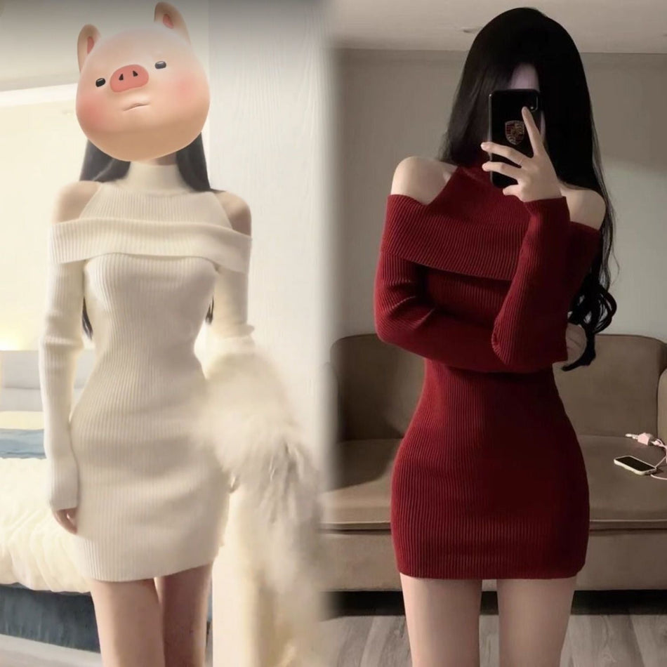 Off-Shoulder Knitted Bodycon Dress for Autumn Winter Womens