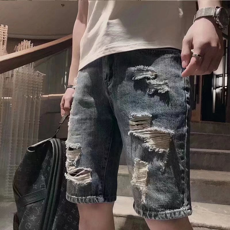 Men’s New Hole Denim Shorts – Straight Street Style