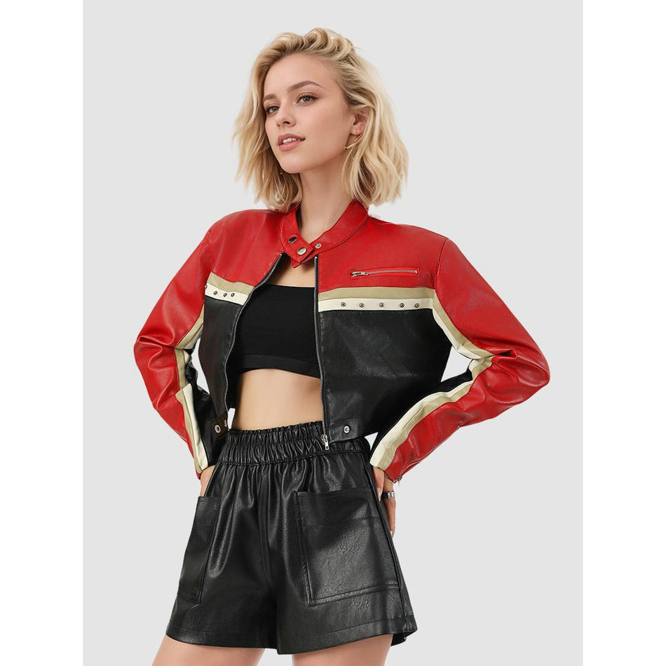 Color-Block PU Leather Waist-Fit Biker Jacket
