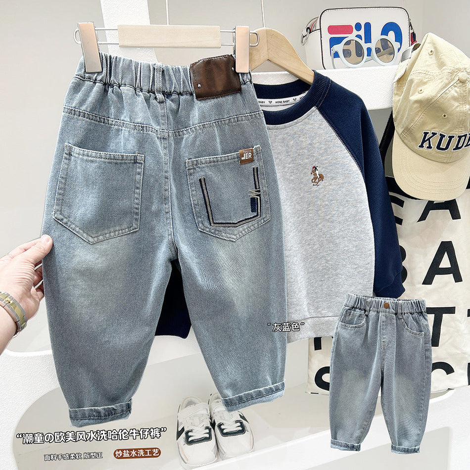 Boys’ Retro Blue Jeans – Korean Style Straight Pants