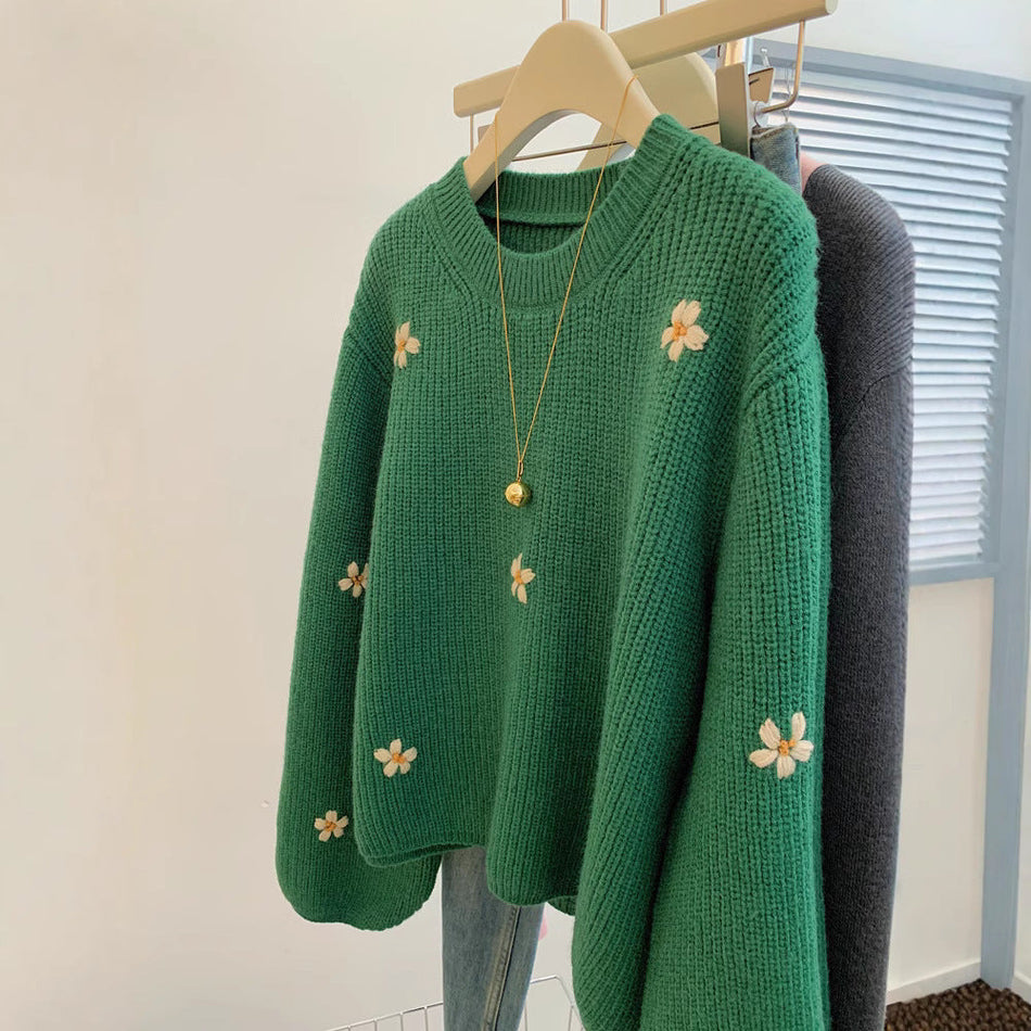 STOCK-Retro Flower Embroidered Pullover