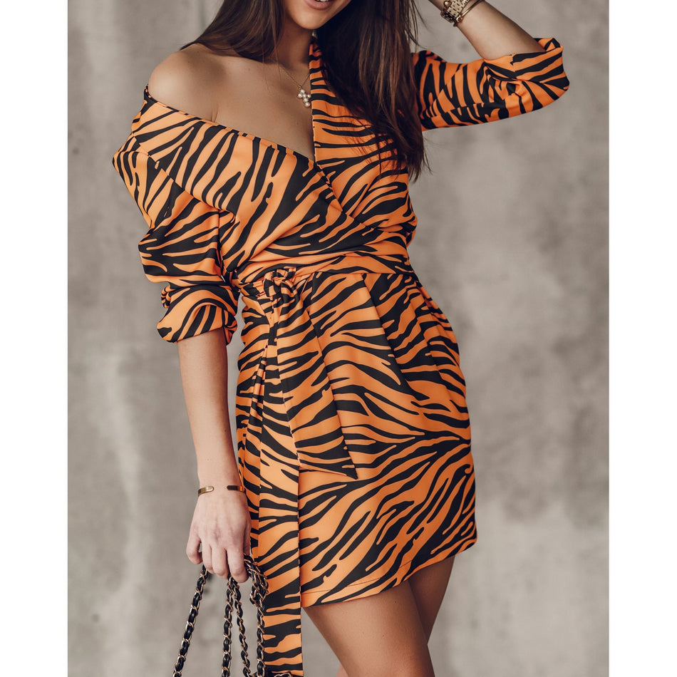 V-Neck Zebra Lace-Up Dress – 2026 "INS" Safari-Cyber Luxe