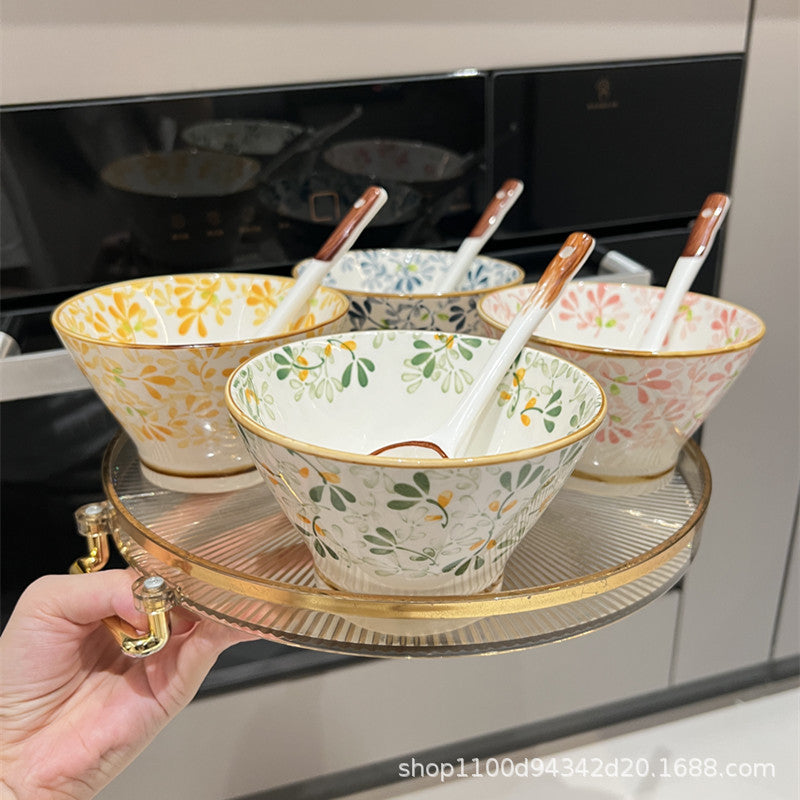 Japanese Ceramic Rice Bowl 5 Inch Bamboo Hat Flower Bowl