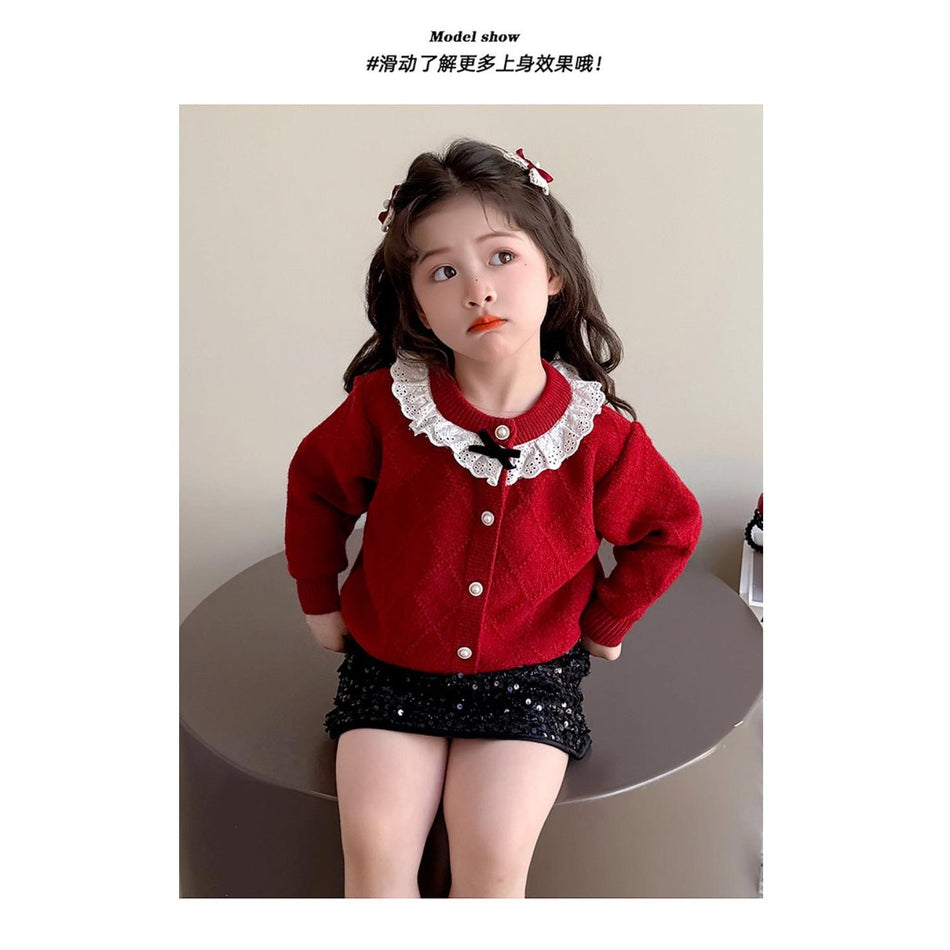 Girls’ Korean Red Knitted Cardigan