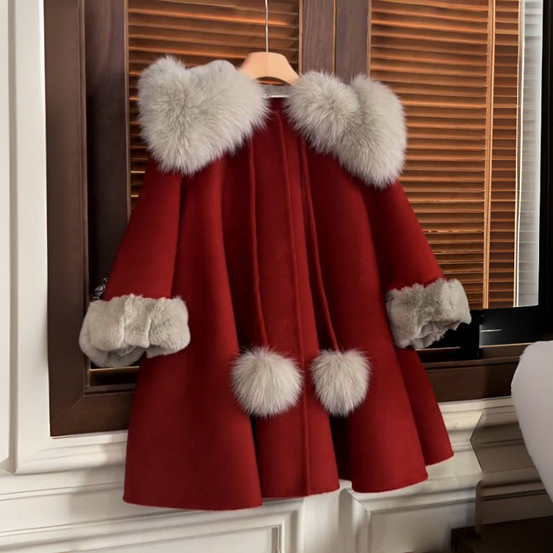 Girls Winter Velvet Outerwear Scarf Collar Cloak Jacket Kids