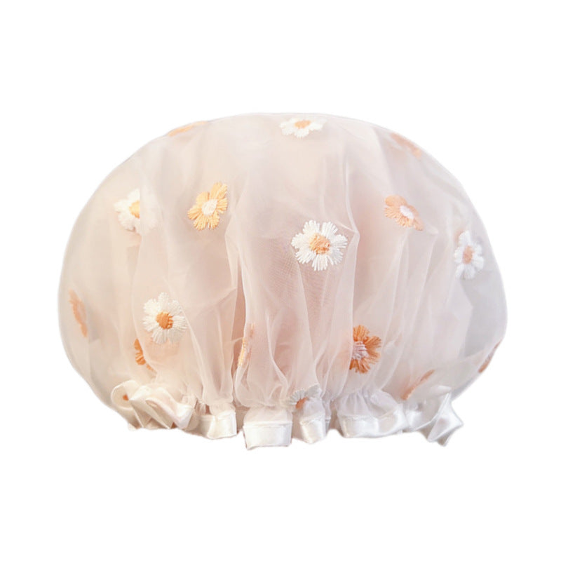 Double-Layer Waterproof Shower Cap  Sunflower Embroidery