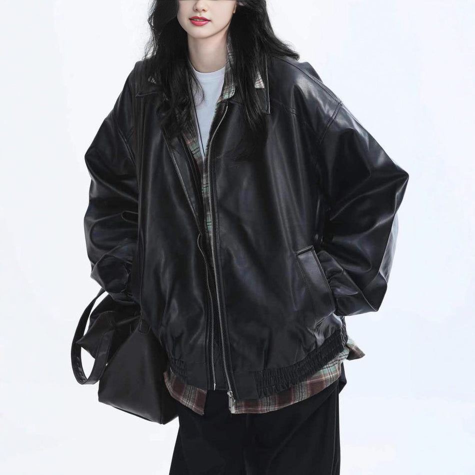 Women American Retro Black PU Leather Motorcycle Jacket Style