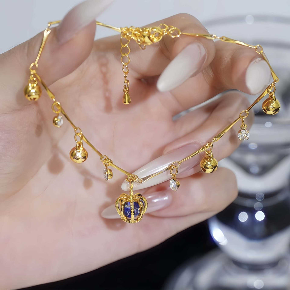 Gold Bell Crown Anklet – Diamond Thin Chain, No Fade