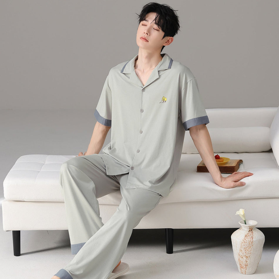 Men’s Modal Cotton Pajama Set Lapel Shirt Trousers Homewear