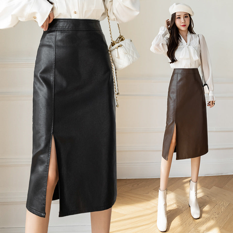 PU Leather Midi Skirt with Side Split High Waist