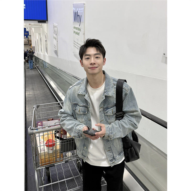 Men's Light Blue Washed Denim Jacket Retro Workwear