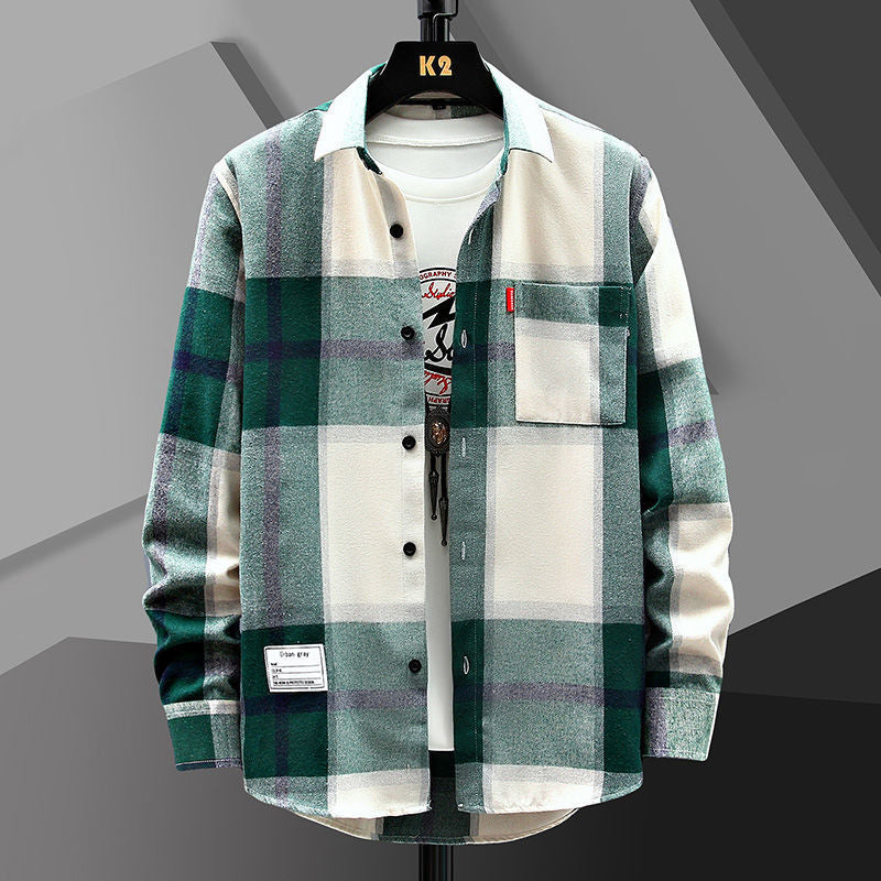 Men’s Spring Autumn Loose Plaid Casual Shirt Korean Style