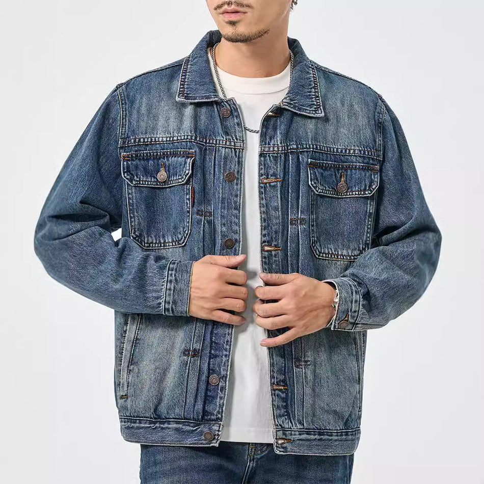 Men's Water Washed Blue Denim Jacket Retro Loose Autumn Winter