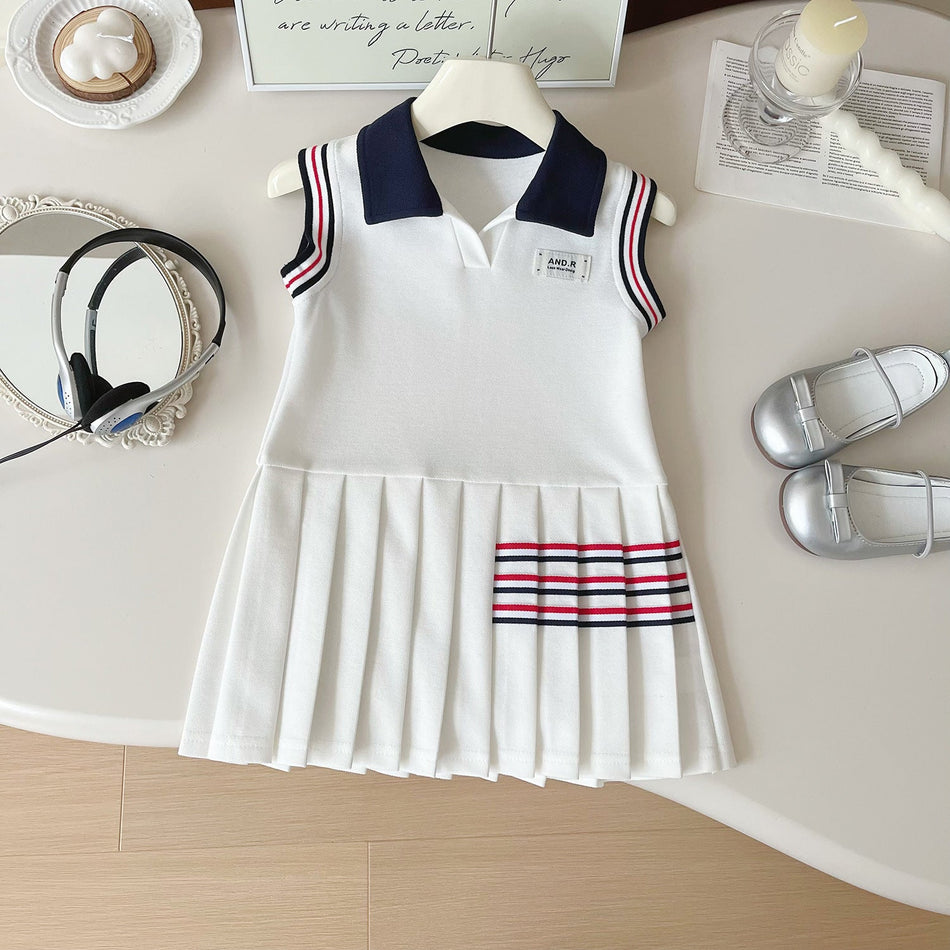 Girls 2024 Summer Korean Style Rib Lapel Polo Pleated Dress-