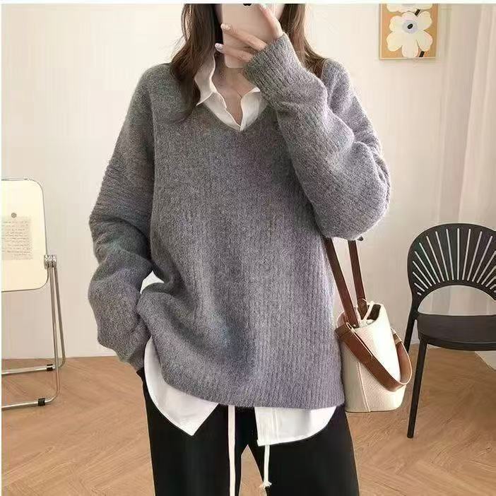 STOCK-Korean V-Neck Knit Sweater – Loose Striped