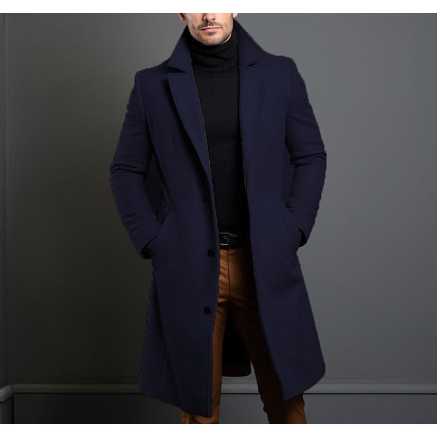 STOCK-Men’s Slim Fit Wool Trench Coat – Mid-Length Winter