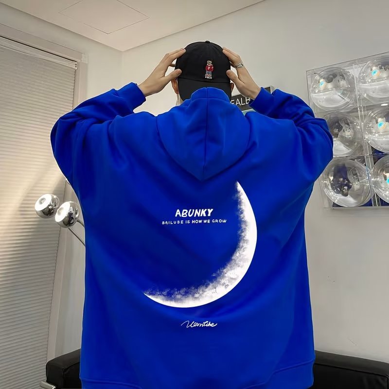 Men’s Moon Print Hoodie – Blue American Streetwear Jacket