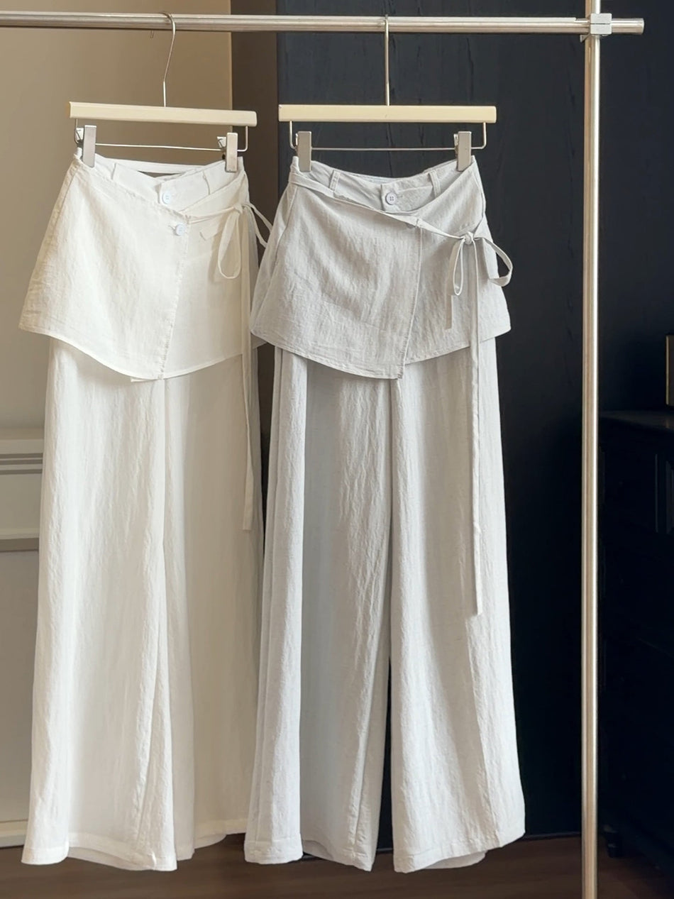 White high-waisted ice silk linen wide-leg floor-length trousers