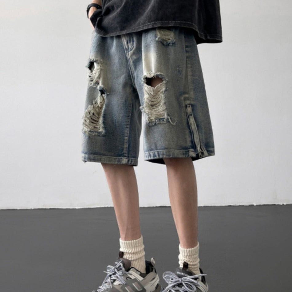 Men’s Ripped Denim Shorts – Loose High Street Style