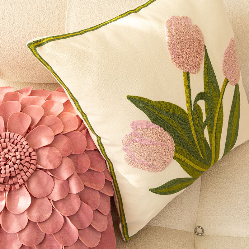 INSTOCK-French Green Tulip Embroidered Pillowcase – Sofa Decor