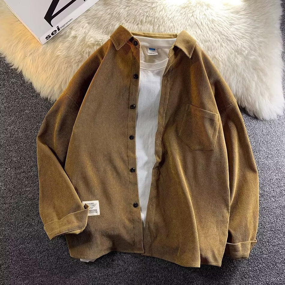 Men’s Korean-Style Corduroy Long-Sleeve Shirt