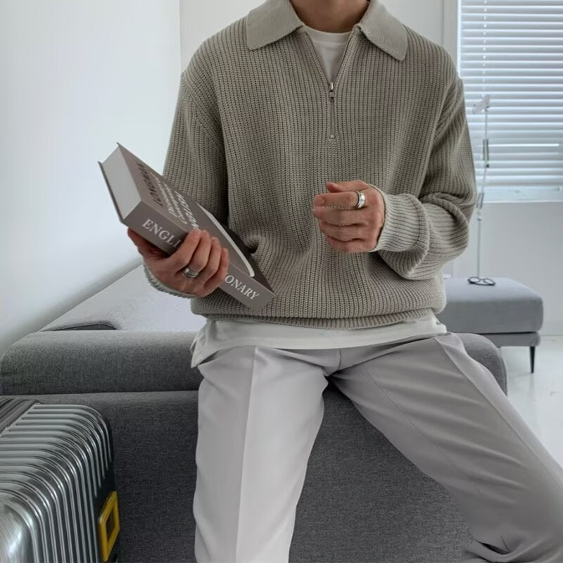 Men’s Japanese Retro Half-Zip Lapel Knit Sweater