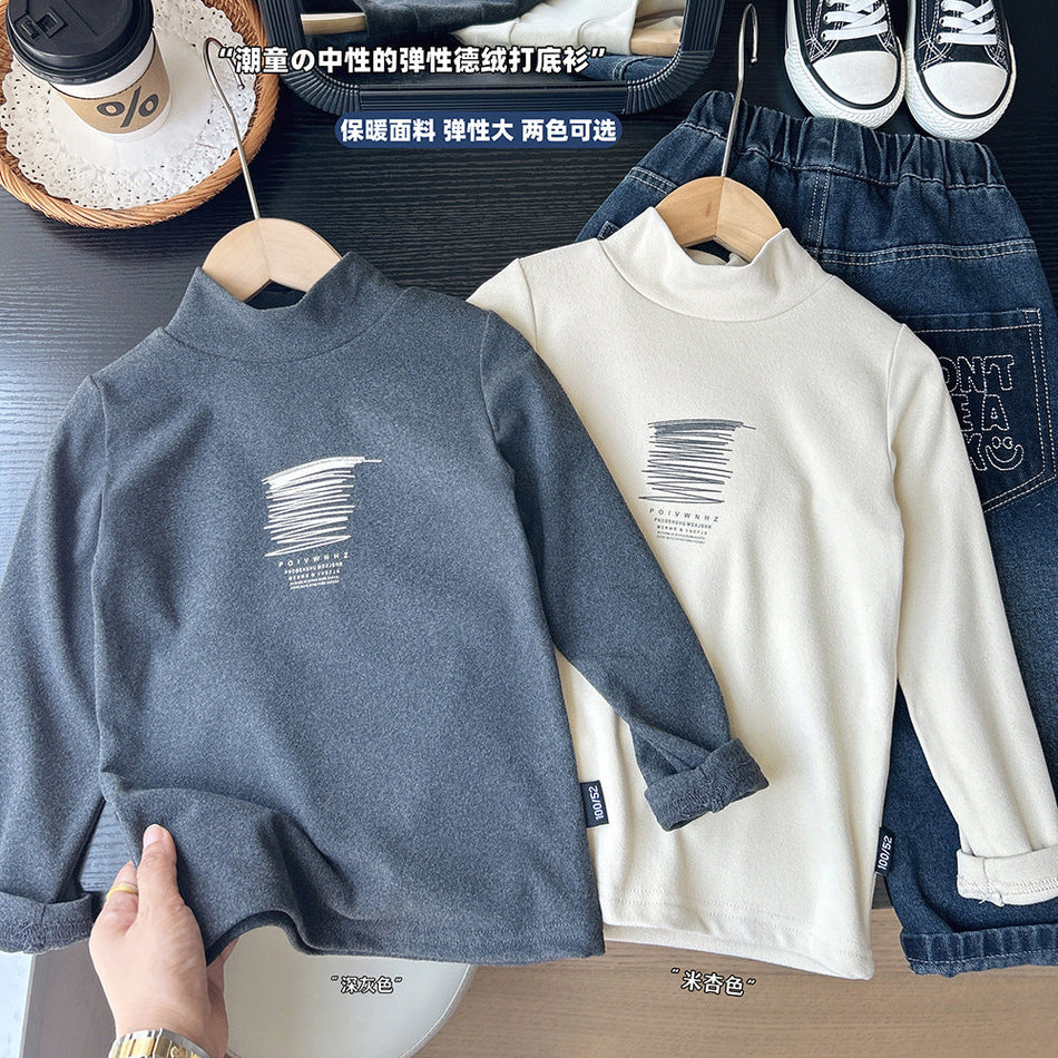 Autumn Winter Boys Printed Half High Collar Brushed TShirt