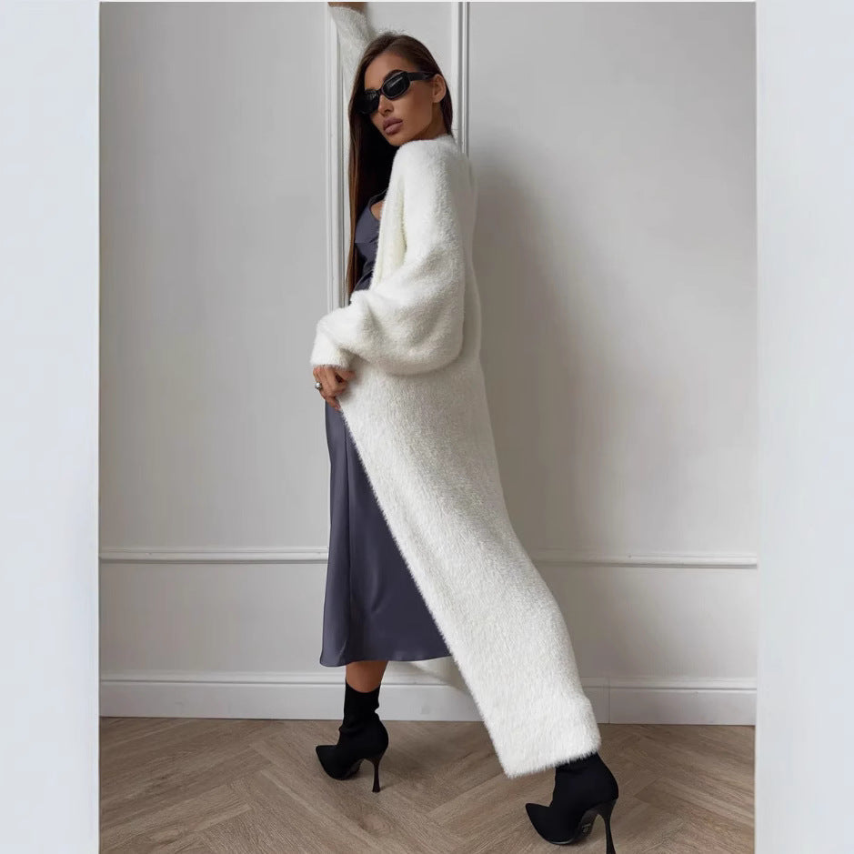 Women’s White Plush Imitation Mink Long Cardigan