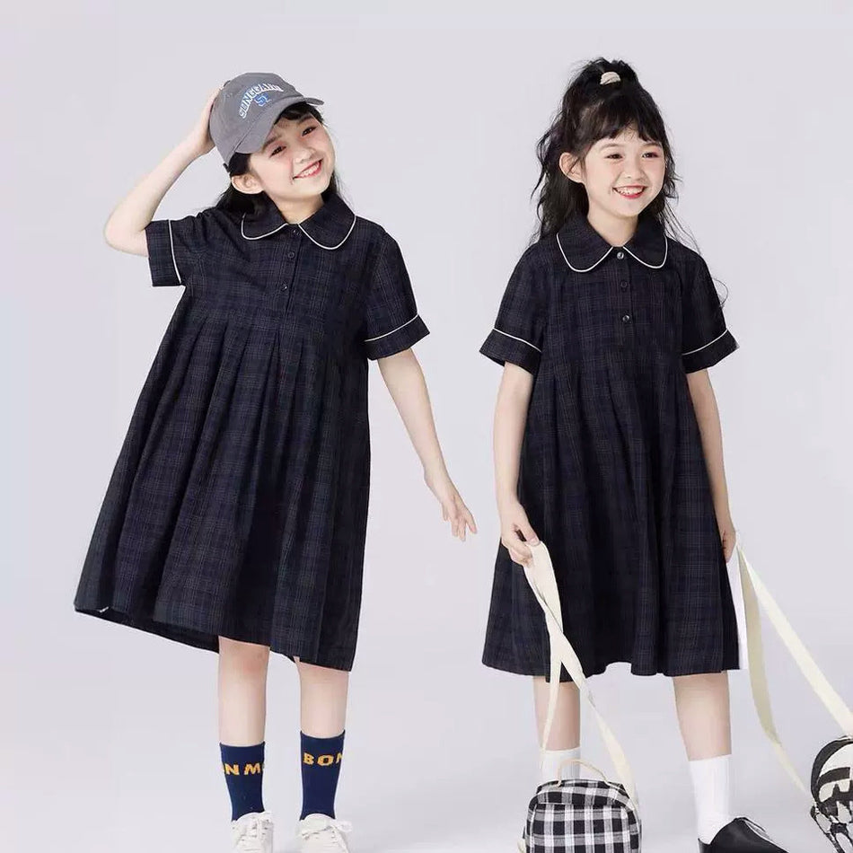 Girls' Retro Plaid Doll Collar Dress – Summer Cute Look