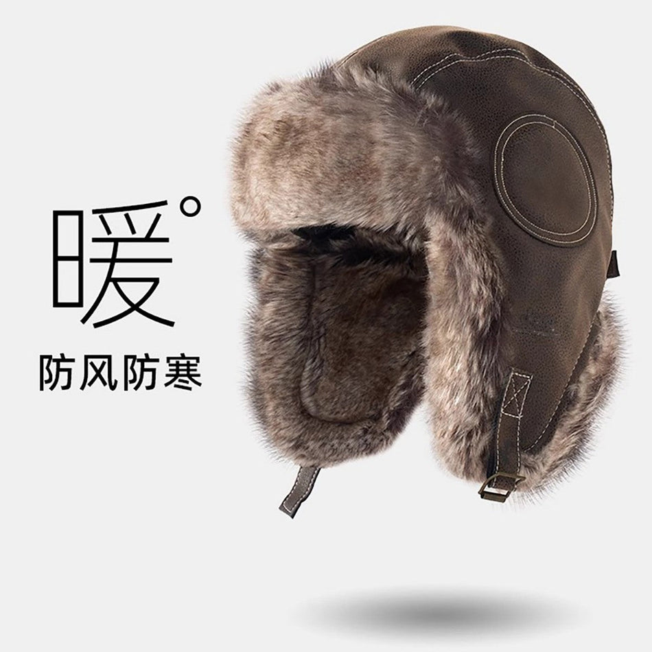 Unisex Leather Lei Feng Pilot Hat Winter Windproof Ear Protection