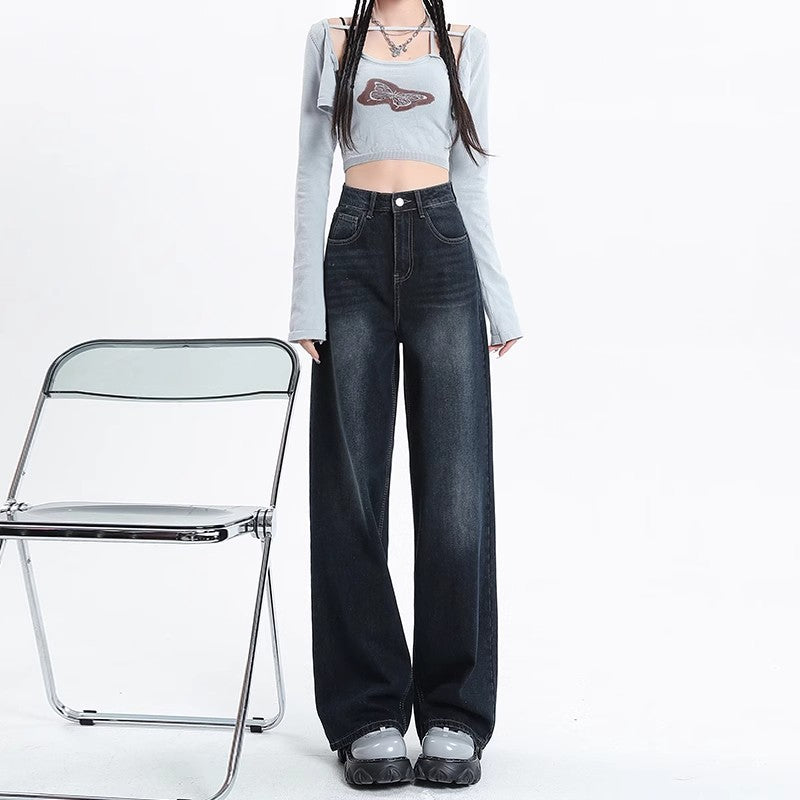 Dark Blue High Waist American Retro Wide-Leg Jeans