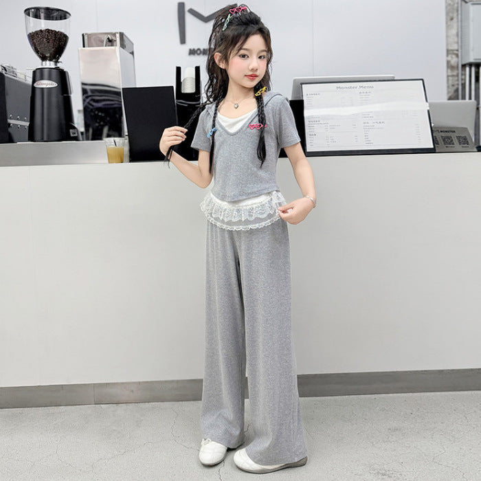 Girls Hooded Lace T-Shirt Summer 2-Piece Set 2026 – Summer Kids Fashion Nepal | Tudoholic