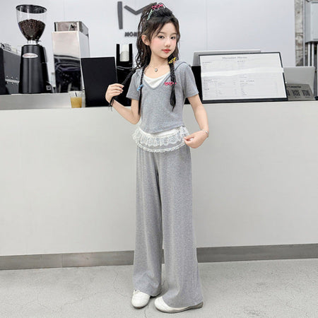 Girls Hooded Lace T-Shirt Summer 2-Piece Set 2026 – Summer Kids Fashion Nepal | Tudoholic