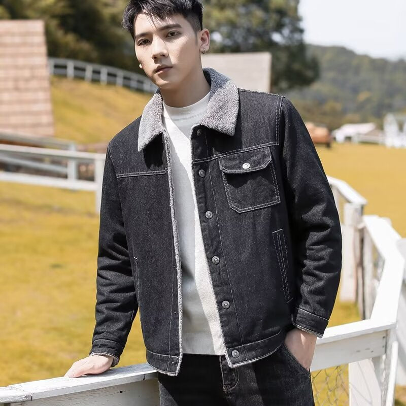 Men’s Denim Coat | Autumn Winter Fleece-Lined Lamb Fur Collar